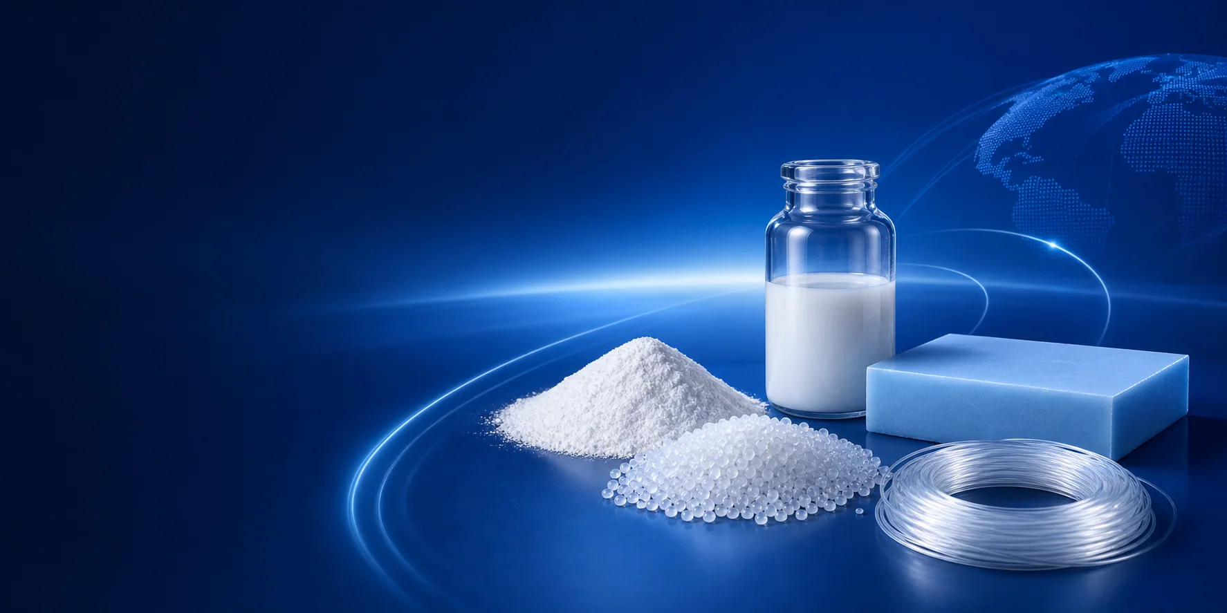 Haiflon® fluoropolymer powders, pellets, aqueous dispersion, block and monofilament on a deep blue background